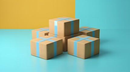 Obraz premium Stack of cardboard boxes with blue tape on pastel blue and yellow background, representing shipping, delivery, or packaging concept.
