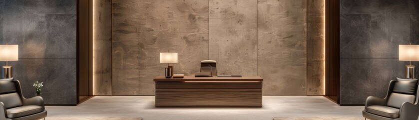 Luxurious modern office interior with elegant wooden desk, leather chairs, and ambient lighting, creating a sophisticated workspace atmosphere.
