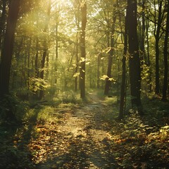 Fototapeta premium Sunlit Forest Path with Autumn Leaves and Morning Mist 