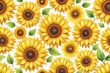 Vibrant yellow sunflowers bloom in repeating seamless patterns on white backgrounds, creating a bright, cheerful, and versatile vector wallpaper collection for design projects.