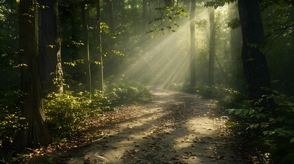 Obraz premium Sunlit Forest Path with Autumn Leaves and Morning Mist 