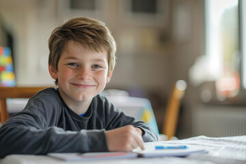 Smiling young boy is sitting at a table doing his homework and learning at home