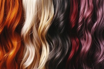 Naklejka premium Hair Colors Palette. Wavy Hair Colors in Blond, Red, Brown, and Dark with a Pop of Purple