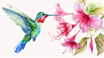 Obraz premium small bird hummingbird on a background of pink flowers and green leaves