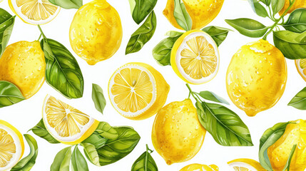 Watercolor lemons with leaves on white background. Citrus fruits illustration.