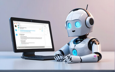 Fototapeta premium State-of-the-Art Humanoid Robot, AI-Powered Android Working on Computer in High-Tech Lab, AI-Powered robot chatting on computer