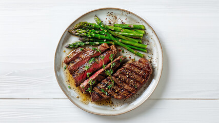 Grilled Sliced Beef Steak with Green Asparagus on White Plate