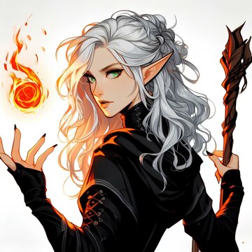 D&D Dungeons & Dragons character: a female elf wizard with black dress and grey hair