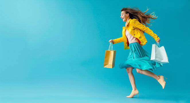 Full body photo of a happy woman with shopping bags running in the style of side view on a turquoise background with copy space area for advertising or banner concept.