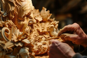 Close up of carpenter carving wooden sculpture of bearded man surrounded by flowers, using chisel and hammer