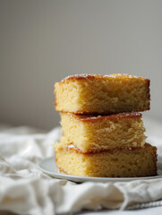 Moist brown butter cake with golden crust on white plate