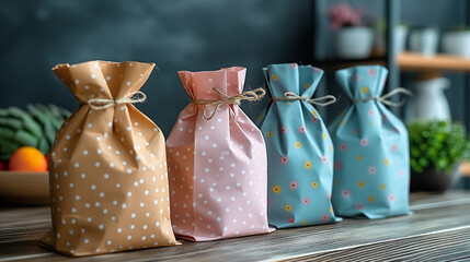 4 paper gift bags in different colors and patterns, The scene is set on table a clean background