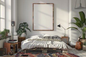 beautiful colored mockup bedroom with blank poster decoration art background image generative AI