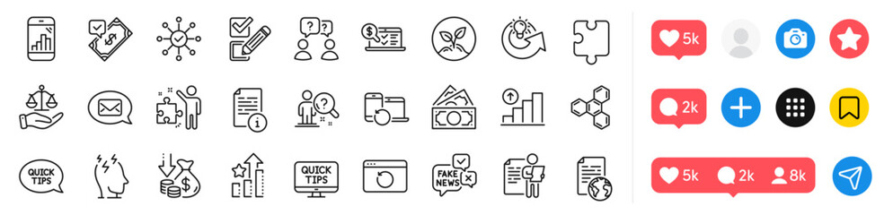 Ranking stars, Online accounting and Web tutorials line icons pack. Social media icons. Manual, Checkbox, Graph phone web icon. Fake news, Messenger, Stress pictogram. Vector