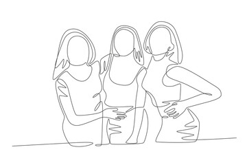 Three happy friends can hang out. Friendship day concept one-line drawing