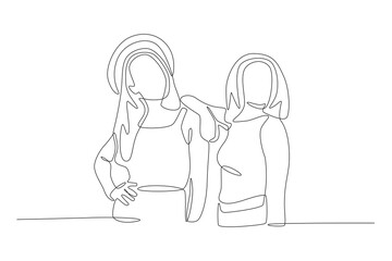 Two friends on holiday. Friendship day concept one-line drawing