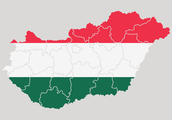 Map of the country, Hungary. Vector map of Hungary with administrative regions. Map of Hungary with flag.