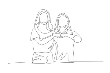 Two female friends having a fist bump. Friendship day concept one-line drawing