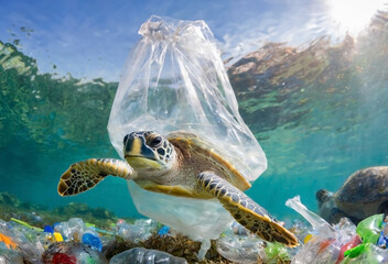 Turtle inside a big plastic bag in ocean, underwater