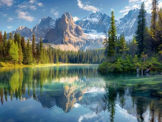 Obraz premium Clear alpine lake with crystal reflections of snow-capped mountains and dense evergreen forests, under a bright blue sky with scattered clouds.