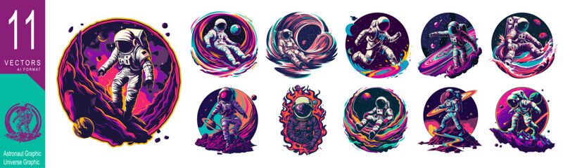 A vibrant collection of astronaut illustrations and vector graphics, featuring astronauts in space, perfect for t-shirt designs and graphic collections.