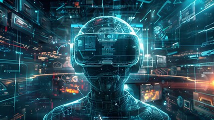 A humanoid figure wearing a VR headset is immersed in a high-tech digital environment, surrounded by holographic data displays and futuristic interfaces.