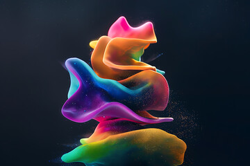 Floating sand-like shapes in various colors on a black background, creating an ethereal and mesmerizing visual effect.