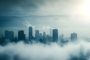 Fototapeta premium Urban skyline shrouded in a murky cloud of carbon emissions, with skyscrapers barely visible through the polluted air