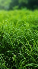Obraz premium Close-up of vibrant, fresh grass blades, showing lush greenery with a blurred, natural background, creating a serene outdoor atmosphere.