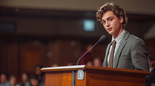 Confident young man delivering speech at podium during public speaking event in conference hall professional setting