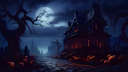halloween night scene, haunted house with fullmoon