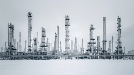 Fototapeta premium A large industrial area with many tall buildings and a snowy background. Concept of coldness and industrialization