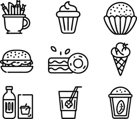 set off food and drink icon line art illustration.food, drink, beverage, restaurant, wine,  meal, lunch, breakfas