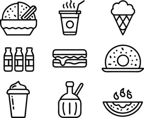 set off food and drink icon line art illustration.food, drink, beverage, restaurant, wine,  meal, lunch, breakfas