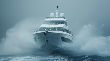 Sailing old ship in storm sea against dramatic sunset