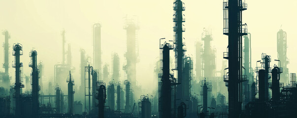 A city skyline with many tall buildings and a foggy atmosphere. The buildings are mostly gray and the sky is overcast