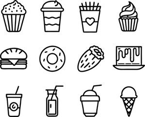 set off food and drink icon line art illustration.food, drink, beverage, restaurant, wine,  meal, lunch, breakfas