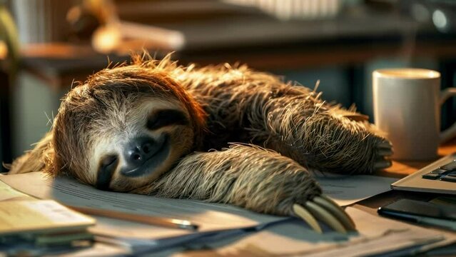 Sloth Sleeping on desk. Steam rises from a mug of hot drink. Sleep deprivation, fatigue, workplace burnout