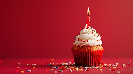 Celebration festive cupcakes, colorful frosting, single candles, birthday concepts, Valentine's Day themes, red background