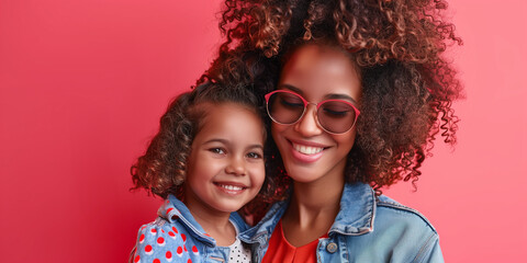 Obraz premium Smiling Mother and Daughter with Curly Hair and Glasses Against Pink Background