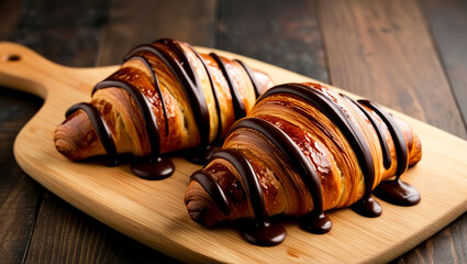 Chocolate croissant on a wooden board