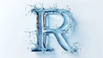 Capital letter R made of blue water splashes or ice on light background. Scrapbook activity. Generative AI