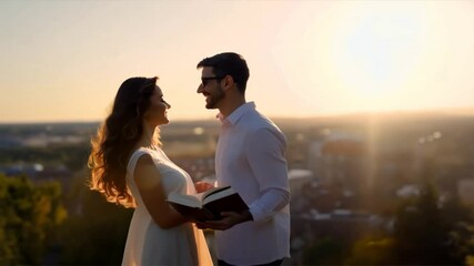 A smiling couple in love share a romantic kiss amidst the beauty of nature in a summer park