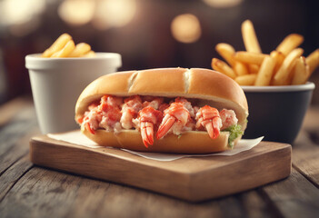 lobster roll with a side of fries on a wooden table, ad shot
