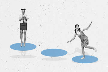 Composite photo collage of two happy girls jump dance together hold iphone device receive shocked news isolated on painted background