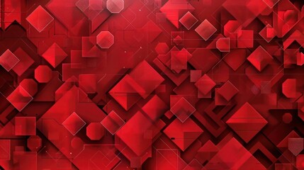 A high-definition abstract background filled with geometric patterns in a monochromatic palette of reds. Squares, triangles, circles, and hexagons in different shades 