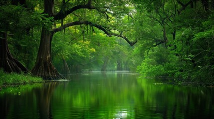Naklejka premium Tranquil Green Forest River.