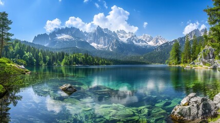 Mountain Lake with Clear Water and Blue Sky.