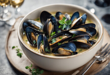 Fototapeta premium mussels marinieÌre in a creamy white wine sauce, served in a chic bowl 