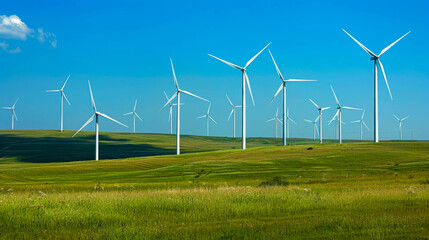 Fototapeta premium several electric windmills in a field against a blue sky, wind turbine